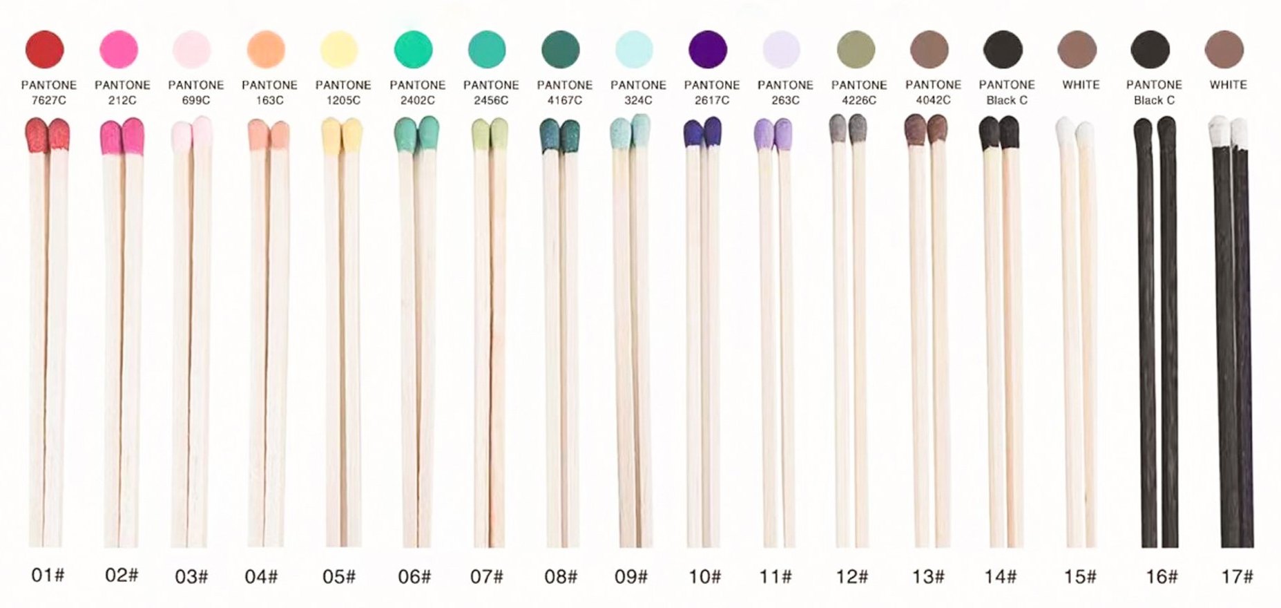 Colour board showing 17 match head colours with corresponding Pantone references on wooden sticks